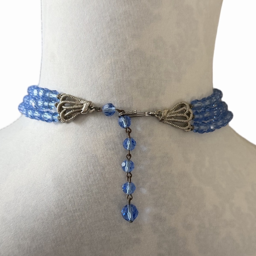 Vintage Blue Crystal Beaded Necklace | Multi Strand Faceted Glass Statement - Picture 4 of 5